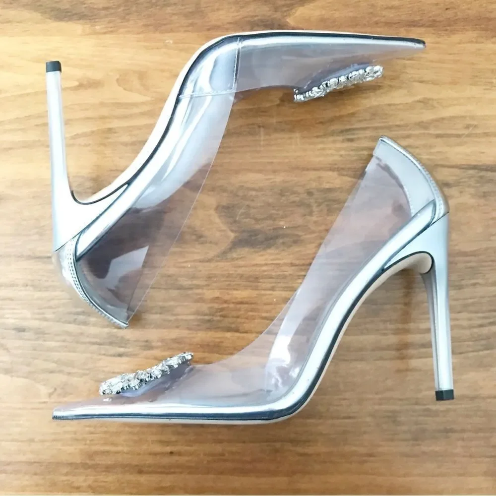 New GOOD AMERICAN CLEAR Silver Heels - Picture 8 of 13